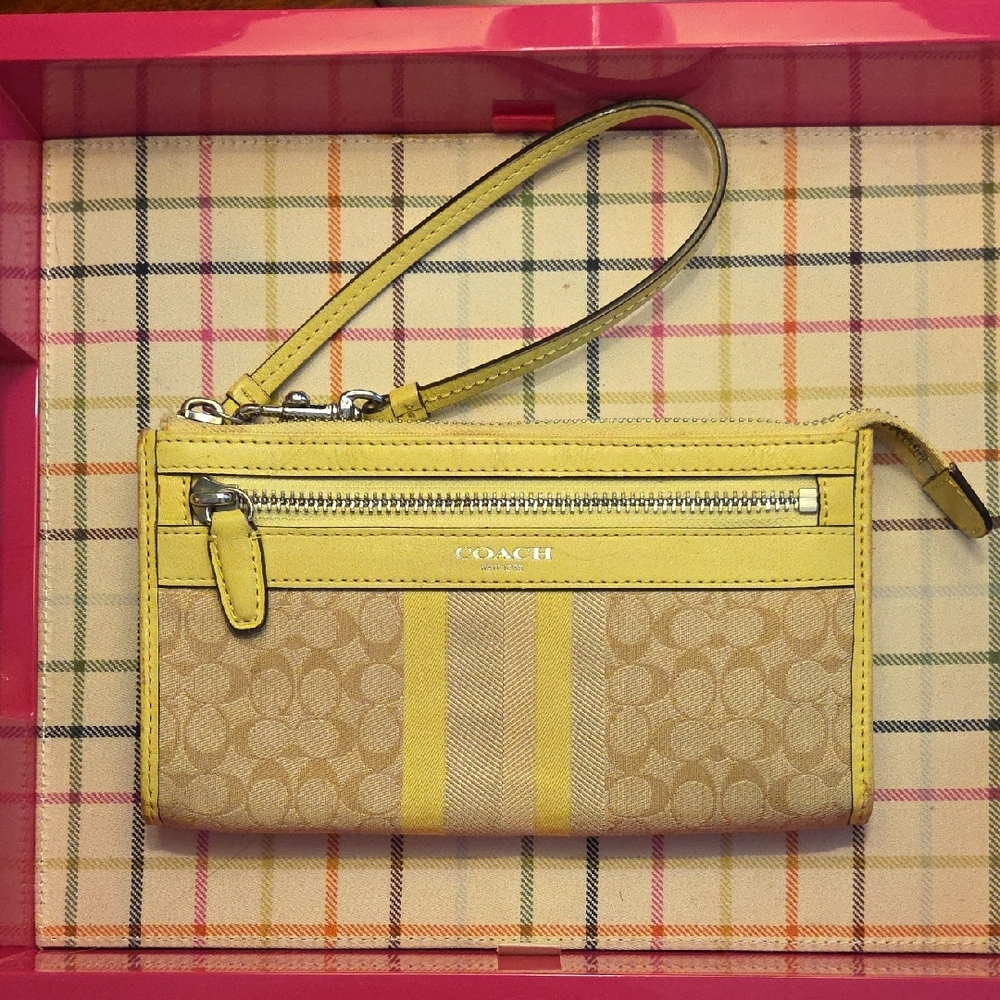 Coach Yellow and Tan Wristlet Wallet with Signature Monogram